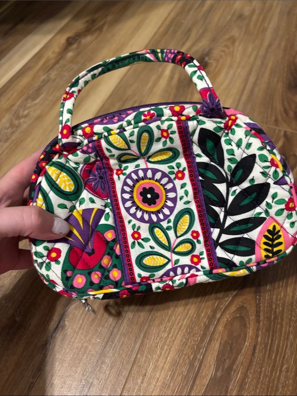 Floral Quilted Multi-Zip Cosmetic Bag - Purple & Green